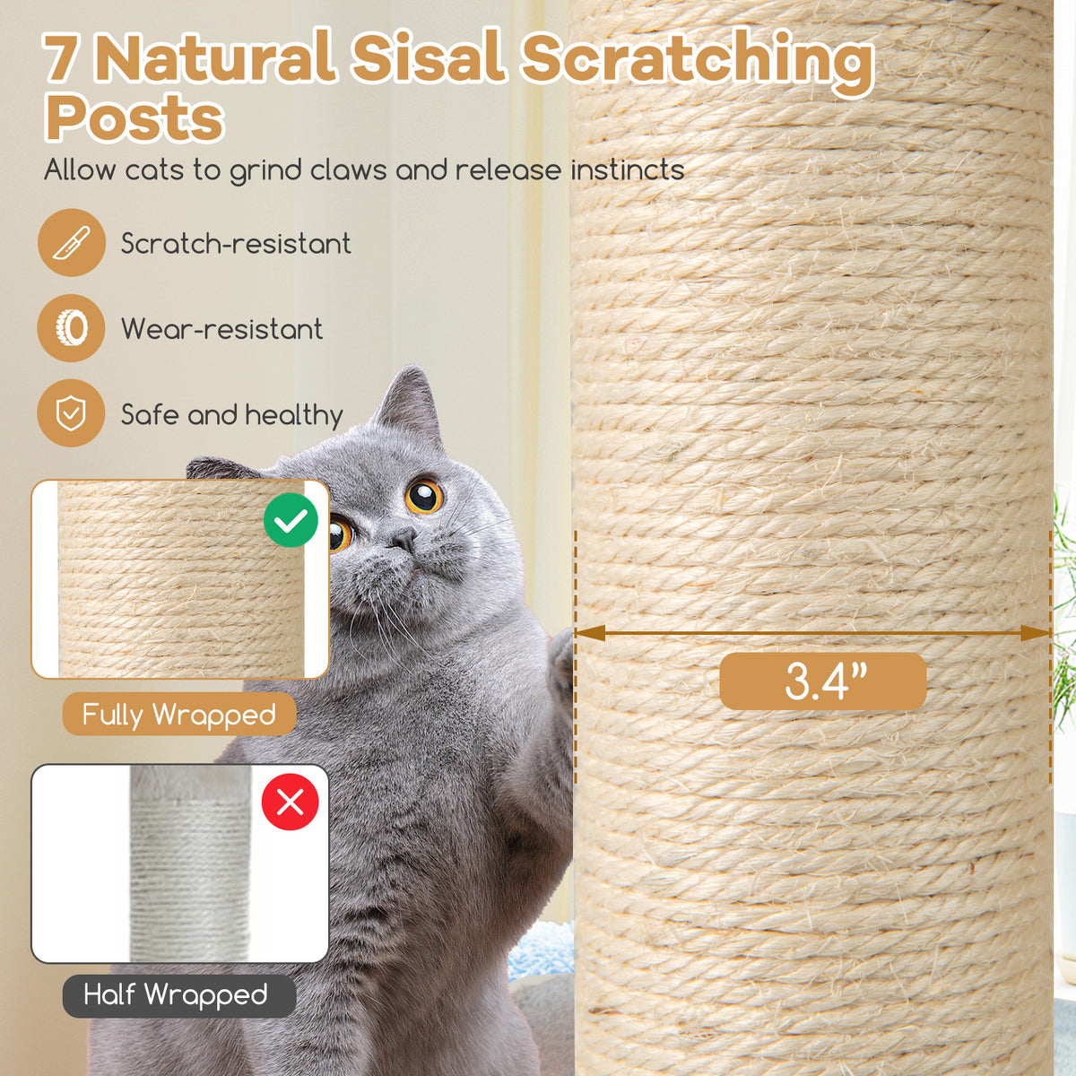60 Inches Tall Cat Tree with 2-Story Condo & Sisal Scratching Posts - Natural Variation