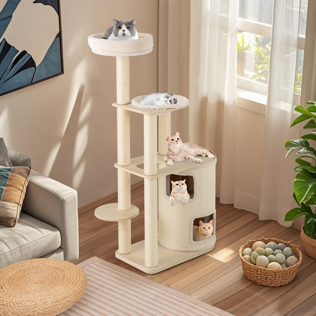 60 Inches Tall Cat Tree with 2-Story Condo & Sisal Scratching Posts - Natural Variation