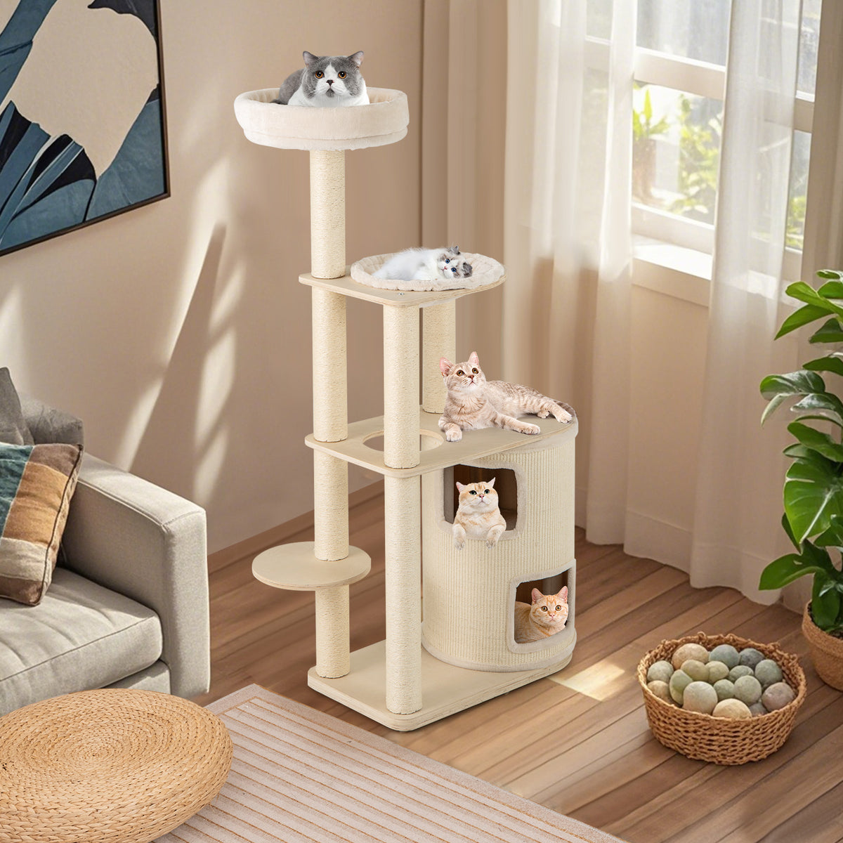 60 Inches Tall Cat Tree with 2-Story Condo & Sisal Scratching Posts - Natural Variation