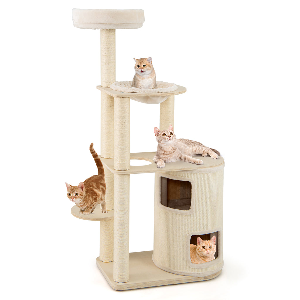 60 Inches Tall Cat Tree with 2-Story Condo & Sisal Scratching Posts - Natural Variation