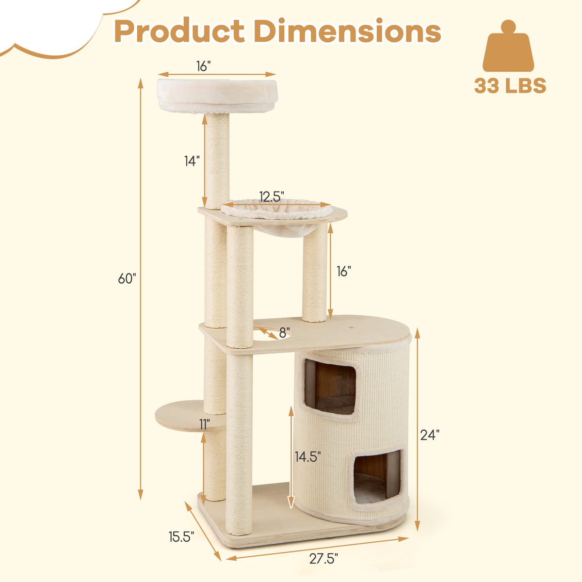 60 Inches Tall Cat Tree with 2-Story Condo & Sisal Scratching Posts - Natural Variation