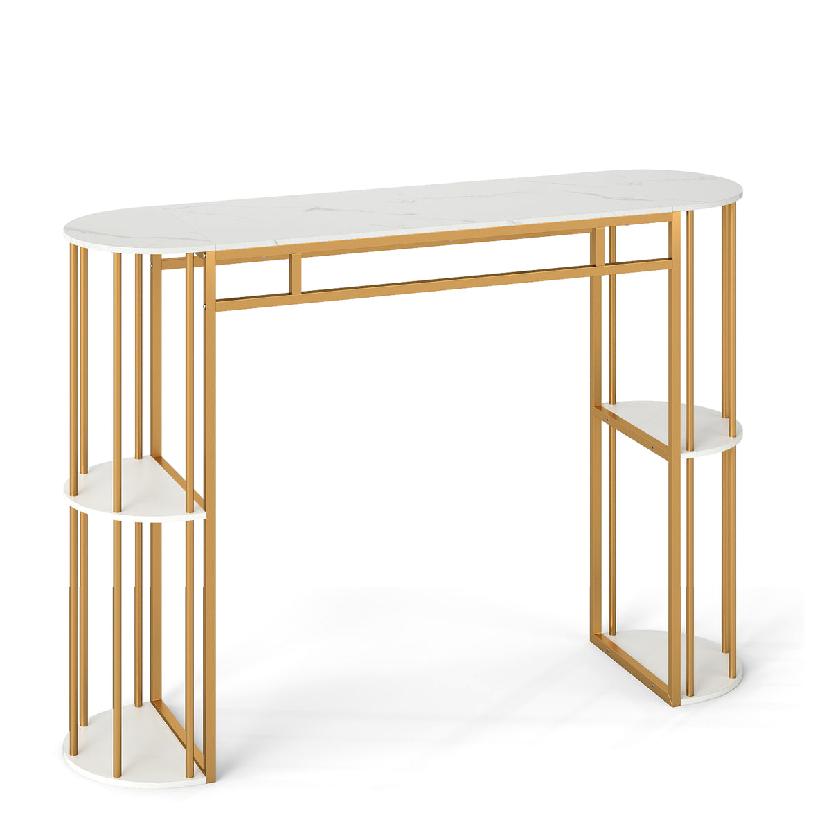 60 Inch Narrow Bar Table with Faux Marble Top & Storage Shelves - White & Golden