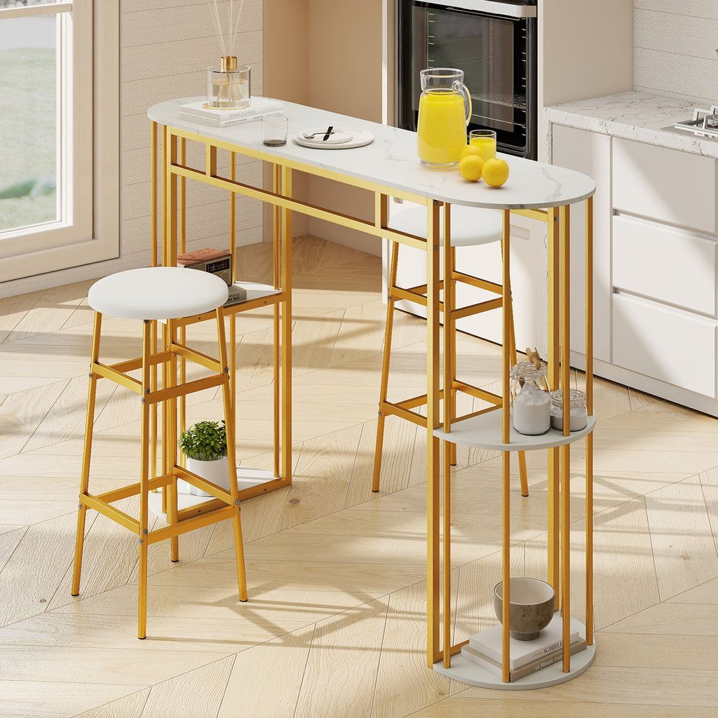 60 Inch Narrow Bar Table with Faux Marble Top & Storage Shelves - White & Golden