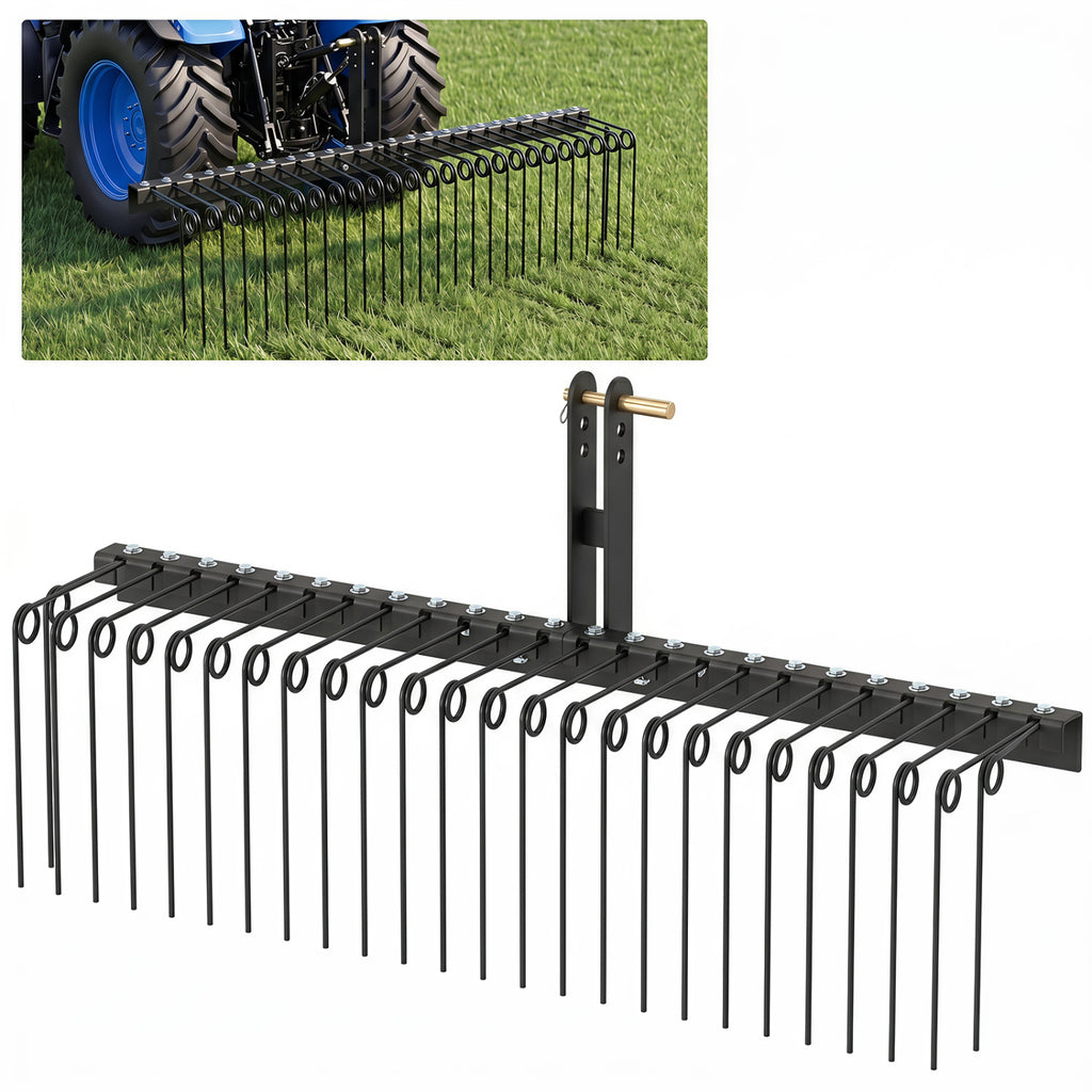 60 Inch Pine Straw Rake Tow Behind Landscape with 26 Metal Coil Tines