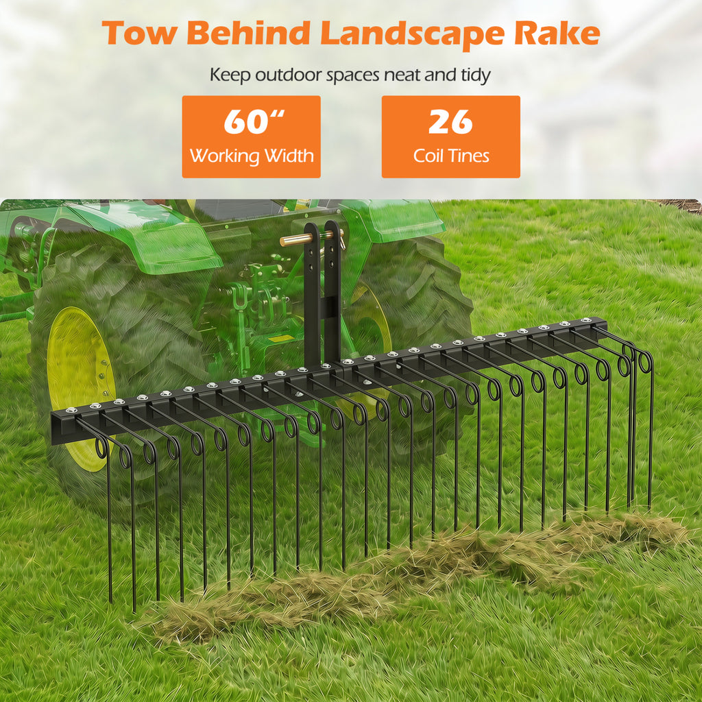 60 Inch Pine Straw Rake Tow Behind Landscape with 26 Metal Coil Tines