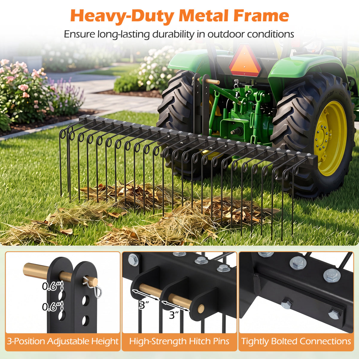 60 Inch Pine Straw Rake Tow Behind Landscape with 26 Metal Coil Tines