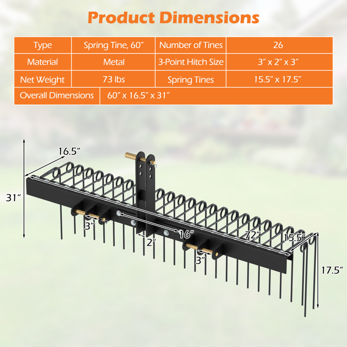 60 Inch Pine Straw Rake Tow Behind Landscape with 26 Metal Coil Tines