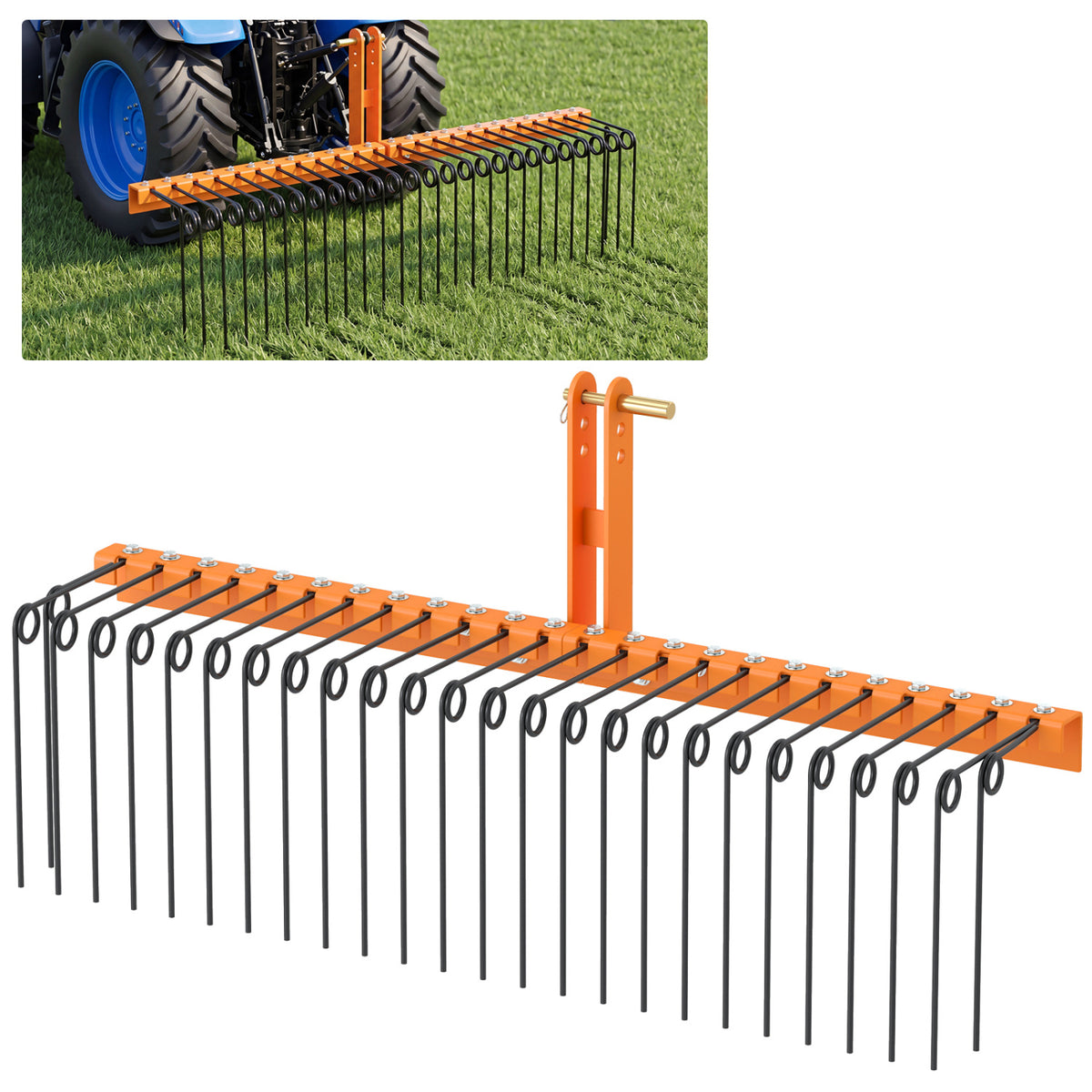 60 Inch Pine Straw Rake Tow Behind Landscape with 26 Metal Coil Tines