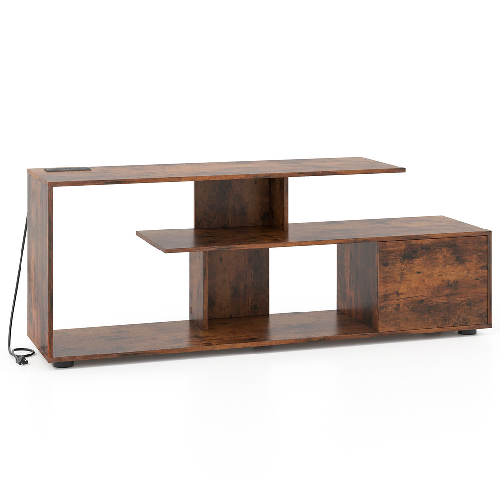 Mid-Century TV Stand 65 inch with Storage Basket, Rustic Brown