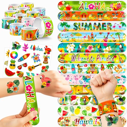 48PCS Hawaiian Party Set - 24PCS Temporary Tattoos & 24PCS Slap Bracelets - Summer-Themed Birthday Supplies, Baby Shower Gifts, Classroom Rewards & Party Decor for Kids (Boys & Girls)