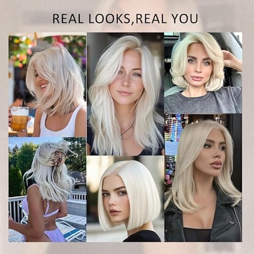 Glueless Full Frontal Platinum Blonde Bob Wig Human Hair Pre Plucked Pre Cut White Blonde Wig Ash Silver Short 13x4 UHD 613 Lace Front Wigs Human Hair for Women Real Hair Daily Party 12Inch 180%