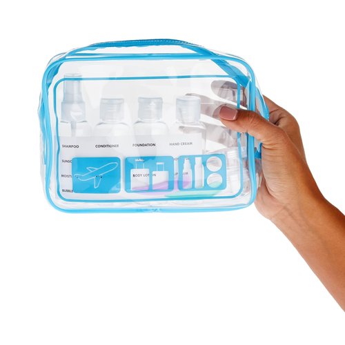 Okuna Outpost Clear Toiletry Bag Set - TSA Approved Bottles - Leak Proof Travel Containers - Versatile Packing Cubes & Travel Organizer - Grey, Yellow, Blue, Red - Pack of 4-7.5 x 2.5 x 5.5 in