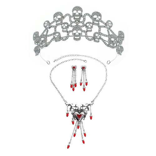 yuruyi Tiaras and Crowns for Women, Tiaras Earrings Necklaces Jewelry Set Headband Princess Queen Crown Tiara for Bride Prom Pageant Party Ceremony (Silver+Red)