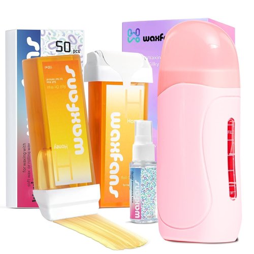 Wax Roller Kit- Easy Use Roll on Wax Kit with 4-6 Weeks Smooth Skin,Hair Remover for Larger Areas of the Body, Beginner-Friendly,with 50 Pcs Strips and 2 wax roller (Honey-2)