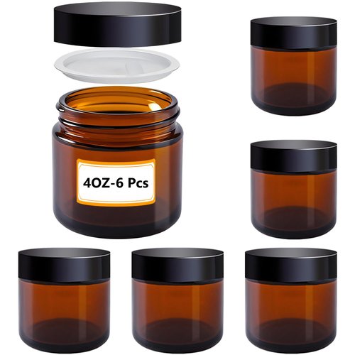 4 oz Amber Glass Jars with Lids,6 Pack 4oz Small Glass Jars with Inner Liners,4 Ounce Travel Jars for Cosmetics Container,Cream Lotion,Body Scrub