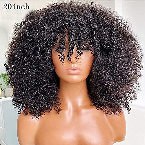 Afro Kinky Curly Wig With Bangs Full Machine Made Scalp Top Wig 200 Density Brazilian Short Curly Human Hair Wigs Natural Color 18 Inch