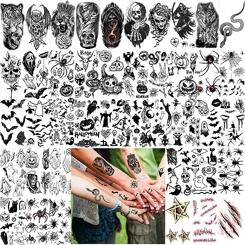 52 Sheets Black Halloween Temporary Tattoos for Kids Men Women, Include 10 Sheets Large Half Arm Sleeve Fake Tattoos, 200+ PCS Spider Snake Tiger Lion Skull Bat Vampire Scar Halloween Tattoos