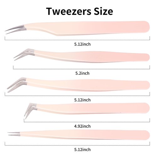Rnodoilkfly 5 Pcs Lash Extension Tweezers, Lash Tweezers for Eyelash Extension, Straight and Curved Eyelash Tweezers, For Professional Eyelash Extension Artists, Girls, Women, Beginners