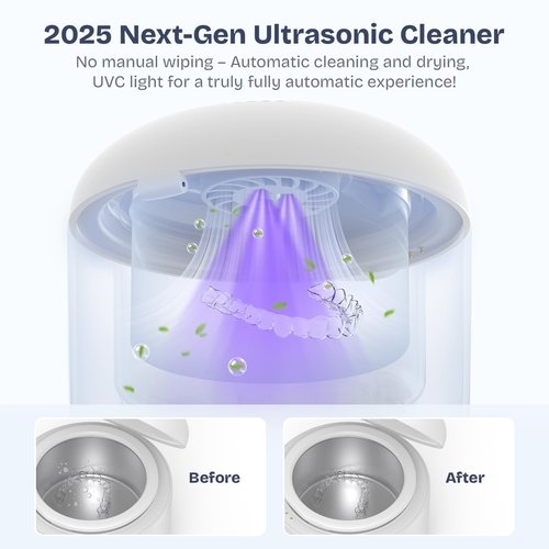 2025 Ultrasonic Retainer Cleaner- 45KHz 25W Portable Denture Cleaner with Drying Function and Removable Inner for Dentures, Mouth Guards, Aligners, Jewelry and More