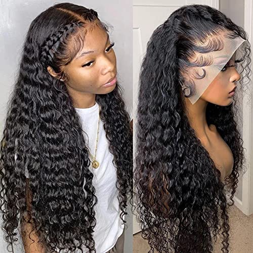 Pizazz 13x4 HD Transparent Lace Front Wigs Human Hair with Baby Hair Bleached Knots Black Color 180 Density Brazilian Deep Wave Human Hair Wigs for Black Women(24 Inch, Black color)