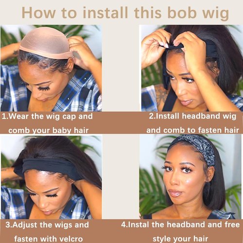 Comfair Headband Wig Human Hair Bob Short Straight Human Hair Headband Wig Wear And Go Glueless Wigs 180% Density None Lace Natural Color Bob Short Human Hair Wigs for Black Women