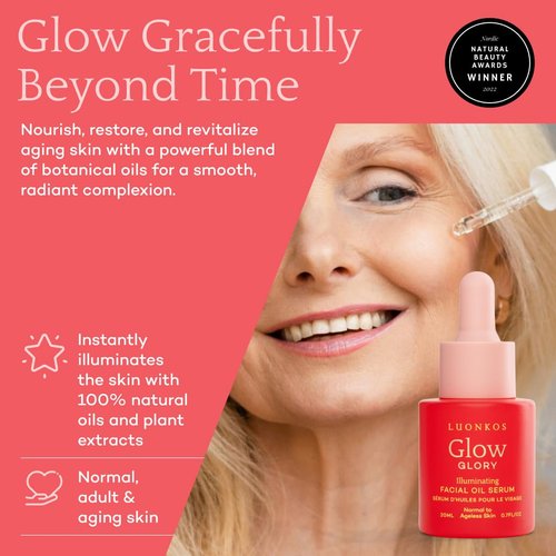 LUONKOS Glory Face Serum, Oil-Based Alternative to Vitamin C Facial Serum- Fast Absorbing Serum with Vitamin E, Almond Oil, Squalane, Rose Extracts - For Normal to Ageless Skin - 20ml