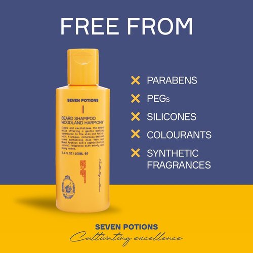 SEVEN POTIONS Beard Shampoo and Beard Conditioner Duo Bundle - Cleanses and Softens Your Beard - Natural, Vegan Beard Wash and Softener - Woodland Harmony (3.4FL OZ)