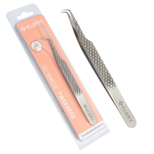 Glory 90 Degree Angle Lash Tweezers for Eyelash Extensions – Precision Fiber Tip Diamond Grip Stainless Steel Lash Tool for Mega Volume Classic & Professional Lash Tech Supplies