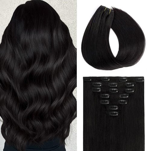Clip in Hair Extensions Real Human Hair, 7Pcs 16 Inch Double Weft Seamless Invisible Human Hair Clip in Extensions, 85g Natural Black Straight Human Hair Extensions 100% Brazilian Remy Human Hair