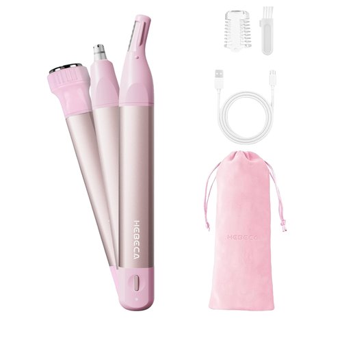 HEBECA Nose Hair Trimmer for Women 3in1 Facial Hair Removal Trimmer - Metal Body, Rechargeable, Waterproof, Portable - Nose, Ear, Eyebrow, Peach-Fuzz, Lips, Chin (Pink)