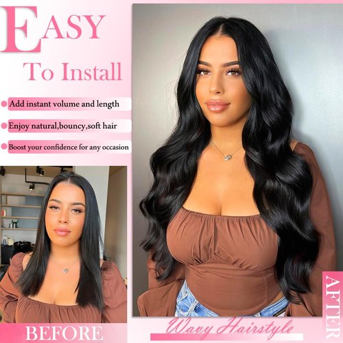 AIWET Body Wave Clip in Hair Extensions Real Human Hair, 8Pcs 120g Wavy Human Hair Clip in Extensions for Women 12A Brazilian Virgin Wavy Human Hair Extensions Clip ins Natural Black (#1B,16 Inch)