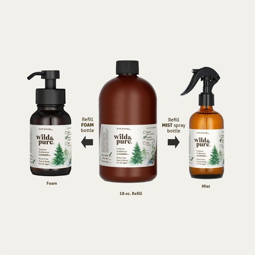 Wild & Pure EWG Verified All Natural, Plant-Based EcoBalance™ Cleanser - 18 Oz Refill | pH Balanced & Microbiome-Friendly | No-Rinse Body Wash