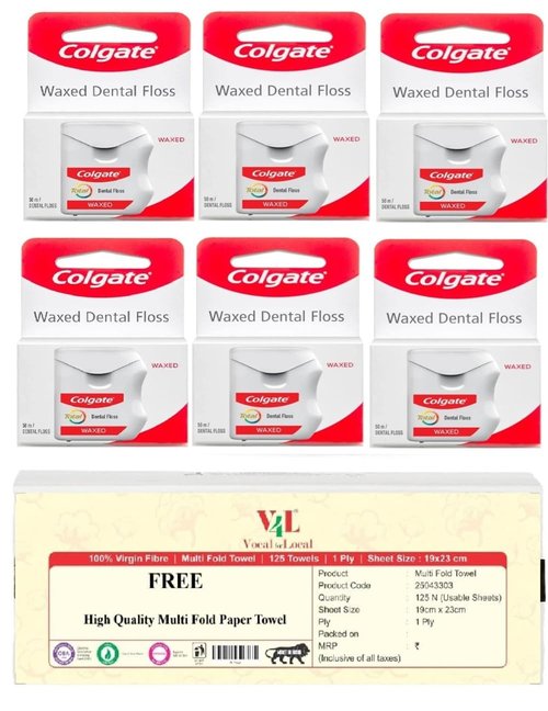 Colgate Waxed Dental Floss for Improved Mouth Health 50 Mtr Pack of 6 + V4L 125 Sheets multifold Paper Napkin Free