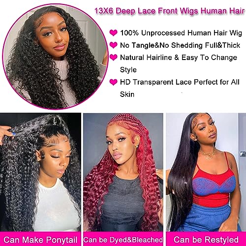 Hswpawk 13x6 Deep Wave Lace Front Human Hair Wigs - Glueless, Wet & Wavy, Pre-Plucked Curly Lace Frontal Wig