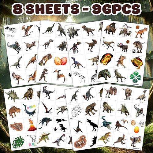 96PCS Dinosaur 3D Pre-Cut Temporary Tattoos - Stickers for Birthday Party Supplies, Decorations, and Favors - Super Cute Gifts for Kids, Boys & Girls, Classroom Prizes, and Themed (Normal)