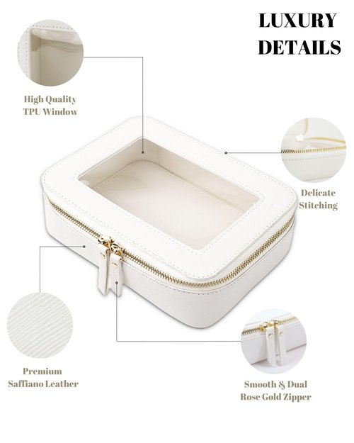IRROMI Clear Makeup Case, Durable Saffiano Faux Leather Travel Cosmetic Bag, Toiletry Bag with Visual Window & Dual Zippers, Travel Essentials for Women (White, Medium)
