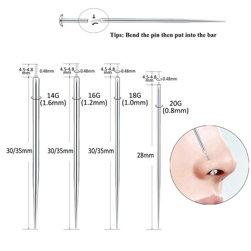 Aumeo G23 Titanium Threadless Piercing Taper 14G 16G 18G Piercing Insertion Pin Taper for Nose Lip Monroe Ear Tragus Helix Push in Body Piercing Stretching Kit Assistant Tool (Straight-20G)