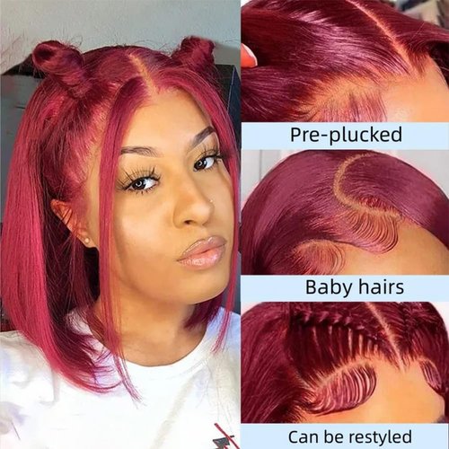 Jinhongze Burgundy Bob Wig - 4x4 Lace Front Bob Wig for Black Women - Glueless & Pre-Plucked - 150% Straight - 10 Inch