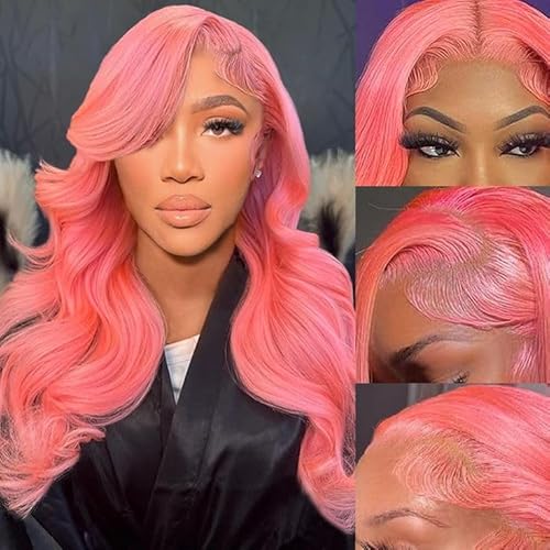 Pink Lace Front Wig - Human Hair, 13x4, 200 Density HD, Transparent Body Wave, 26 Inch
