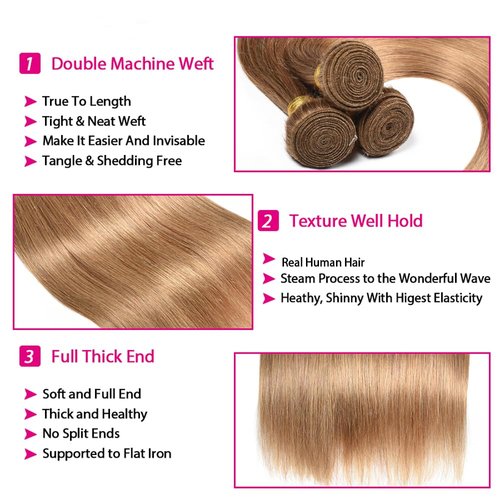 Color #27 Bundle Honey Blonde Straight Human Hair Bundles Color #27 Straight Bundles Honey Blonde Bundle Human Hair Weave 14 14 14 Inch Double Weft