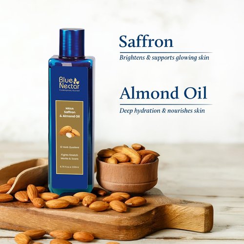 Blue Nectar Saffron & Almond Oil, Ayurveda Product for Crepey Skin | Skin Firming Body Oil for Stretch Marks (12 Herbs, 3.38 Fl Oz)