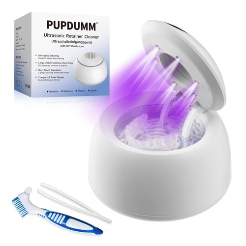 PUPDUMM Ultrasonic Retainer Cleaner Machine, 45kHz & 200ML Dental Cleaning Pod for Dentures, Aligners, Mouth Guards, Braces, Toothbrushes & Jewelry, Ultrasonic Cleaner with Digital Timer