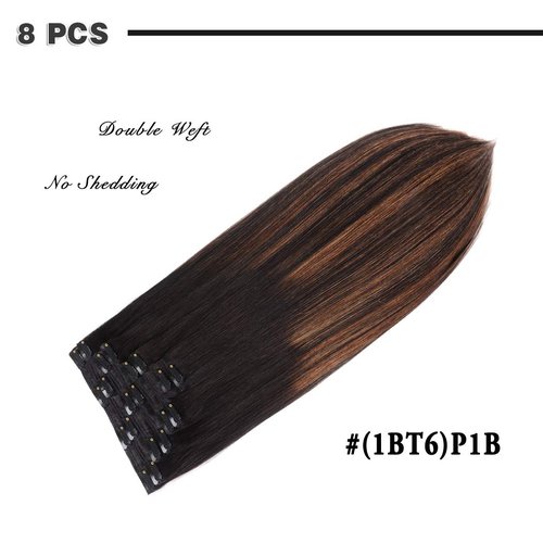 14" Remy Clip in Hair Extensions Human Hair Natural Black to Chestnut Brown Highlight Black for Beauty - Short Silky Straight 8pcs Real Hair Extensions Clip In Human Hair(14 inch 100g #(1BT6) P1B)