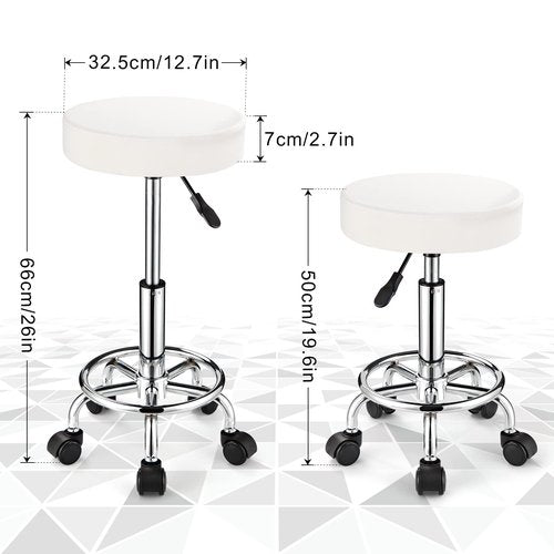 FNZIR Adjustable Stool with Wheels, Modern Round Rolling Stool for Spa Salon Massage Office, White PU Leather Seat, 250 lbs Capacity