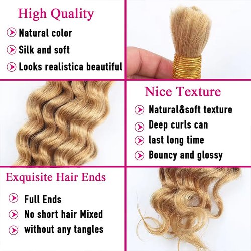 P27/613 Blonde Human Braiding Hair Deep Wave Bulk 18 18 18 Inch Human Hair Weave 3 Bundle Unprocessed Brazilian Virgin Hair Honey Blonde Deep Wave Braiding Hair Extensions 50 Grams/Bundle