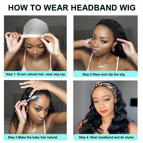 Justres Headband Wigs for Black Women Human Hair 16 Inch Glueless Body Wave Headband Wig Human Hair 100% Brazilian Virgin Hair Machine Made Head band Wig 150% Density