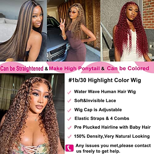 Super idol Omber Highlight Deep Wave Lace Front Wigs Human Hair Brazilian Lace Closure Wigs 4¡¿4 Ombre Human Hair Wig P1B/30 Free Part Human Hair Wig for Black Women (26 Inch, 1B/30 Highlight Wig)
