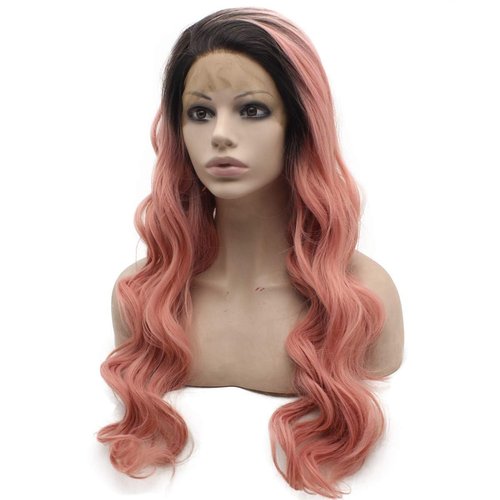 MX angel Long Wavy Half Hand Tied Synthetic Lace Front Dark Root Pink Wig