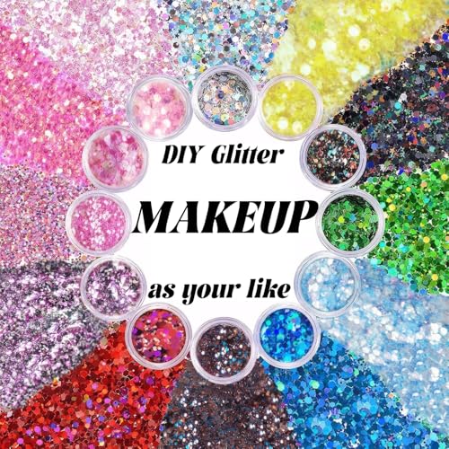 Body Glitter Face Glitter, Hair Glitter for Kids, 12 Shapes Fine Chunky Glitter Gel for Women Girls Makeup Sparkles Party Mermaid Sequins Rave Accessories Singer Concerts Festival (White Scheme)