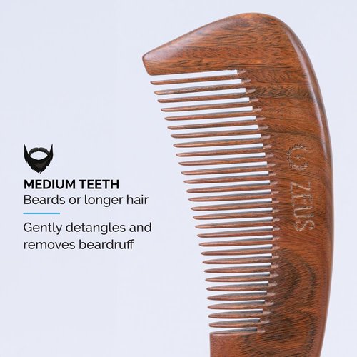 ZEUS Curved Sandalwood Beard Comb in Gift Box, Premium Grooming Essential with Sheath for Men’s Beard & Hair (M31)